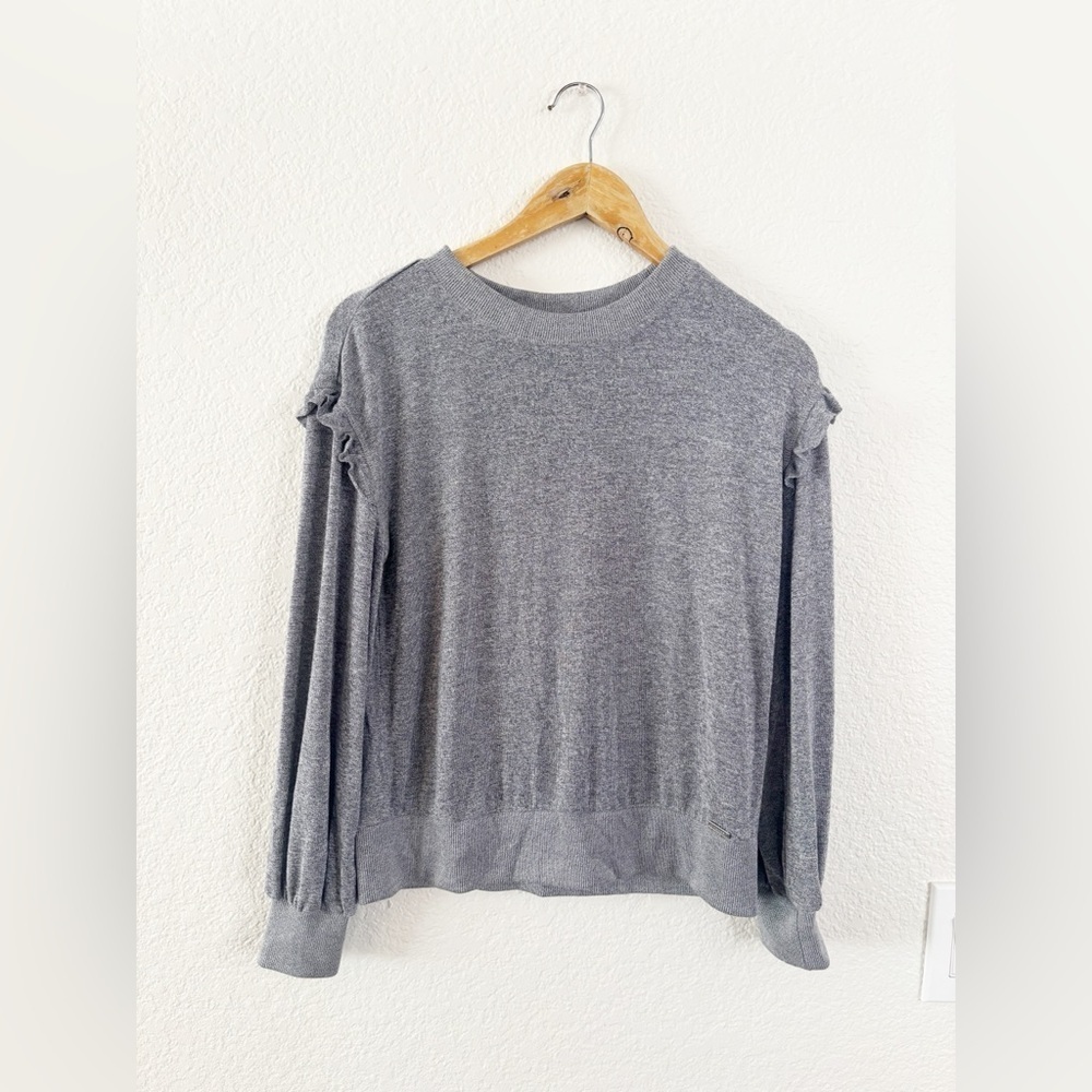 Tahari Gray Crew Neck Sweater ruffle shoulder sleeves
